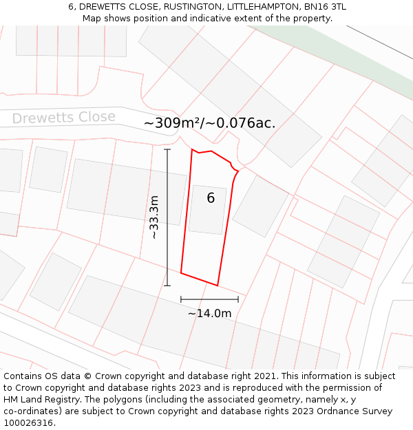 6, DREWETTS CLOSE, RUSTINGTON, LITTLEHAMPTON, BN16 3TL: Plot and title map