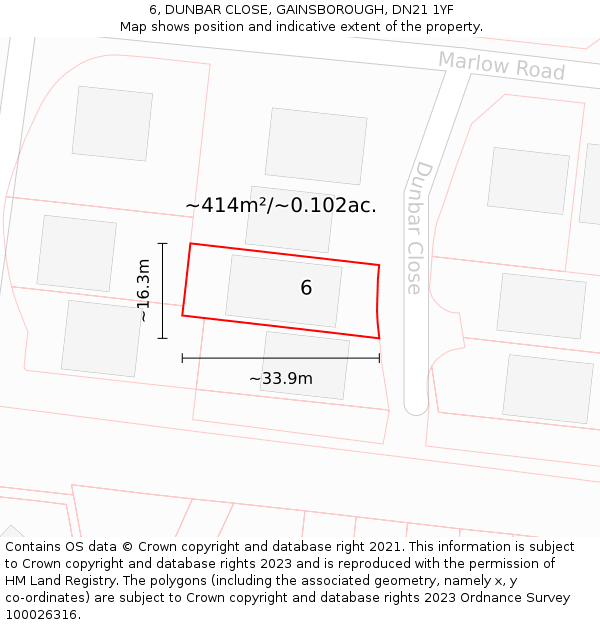 6, DUNBAR CLOSE, GAINSBOROUGH, DN21 1YF: Plot and title map