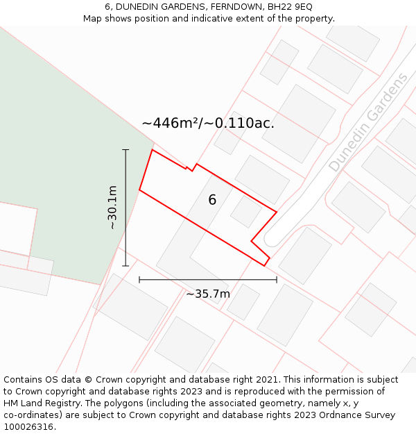 6, DUNEDIN GARDENS, FERNDOWN, BH22 9EQ: Plot and title map