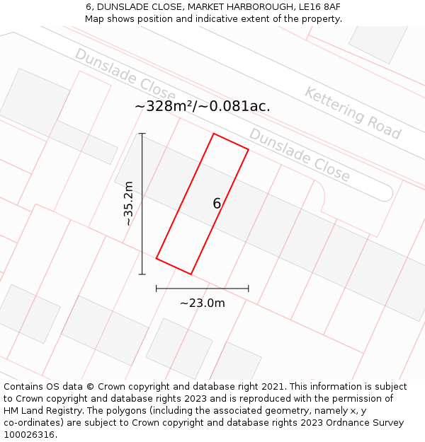 6, DUNSLADE CLOSE, MARKET HARBOROUGH, LE16 8AF: Plot and title map