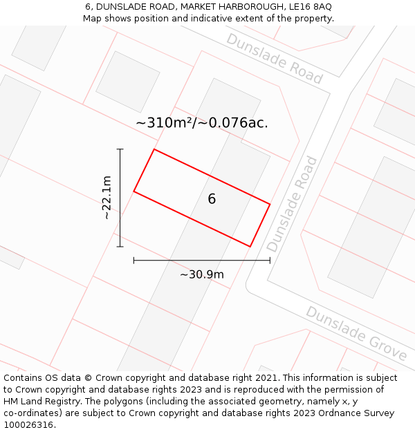6, DUNSLADE ROAD, MARKET HARBOROUGH, LE16 8AQ: Plot and title map