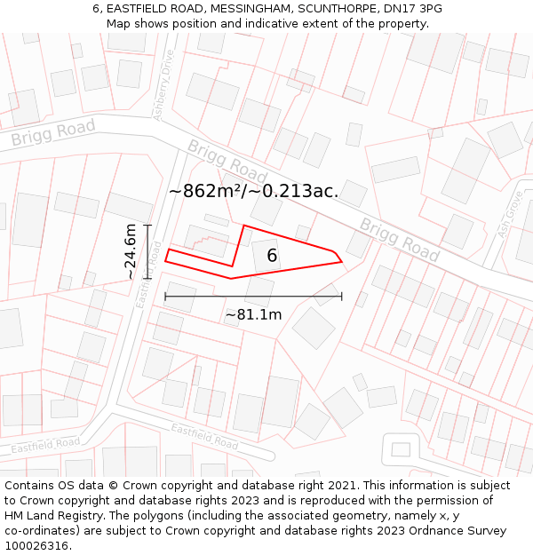 6, EASTFIELD ROAD, MESSINGHAM, SCUNTHORPE, DN17 3PG: Plot and title map