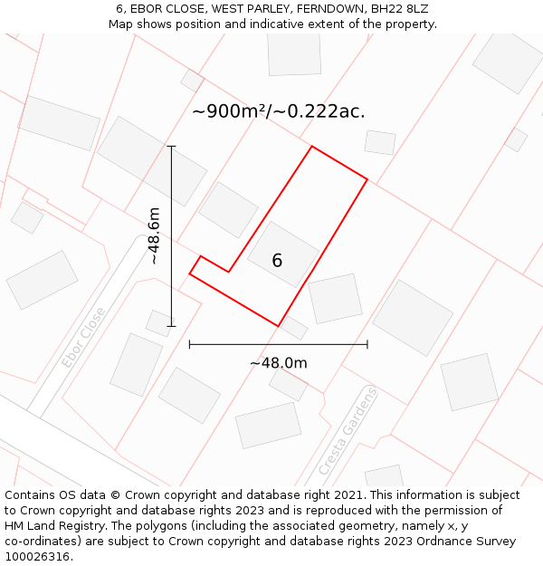 6, EBOR CLOSE, WEST PARLEY, FERNDOWN, BH22 8LZ: Plot and title map