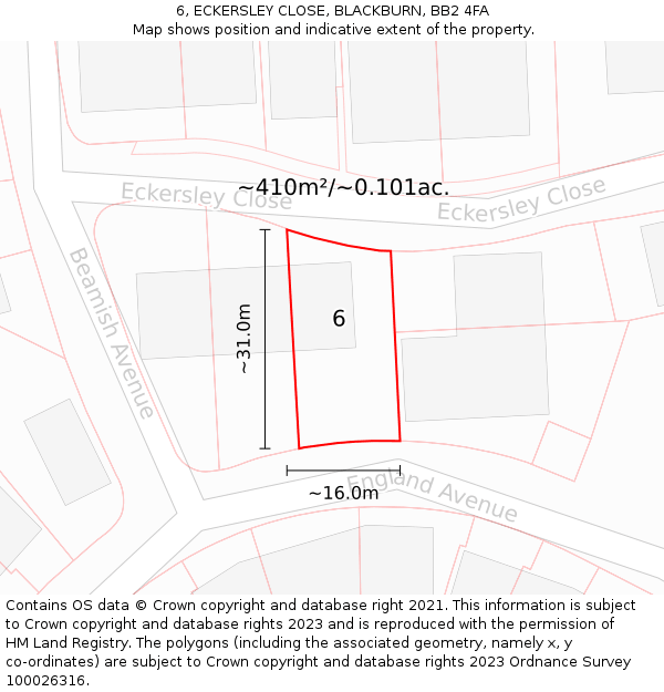 6, ECKERSLEY CLOSE, BLACKBURN, BB2 4FA: Plot and title map