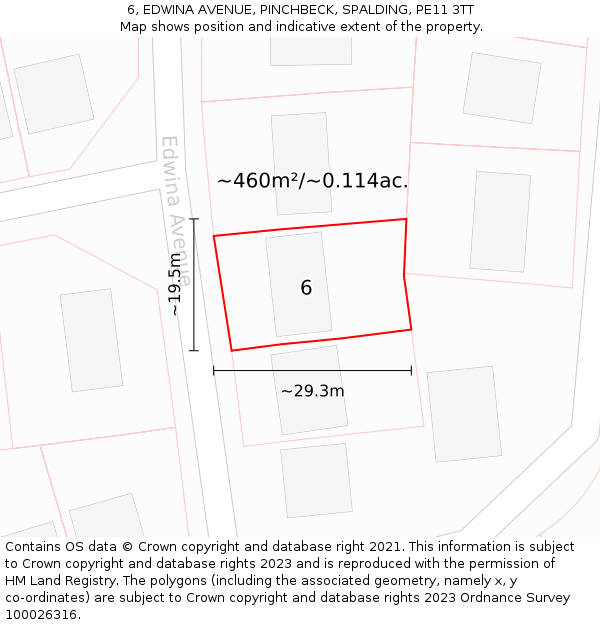 6, EDWINA AVENUE, PINCHBECK, SPALDING, PE11 3TT: Plot and title map