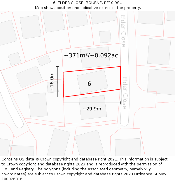 6, ELDER CLOSE, BOURNE, PE10 9SU: Plot and title map