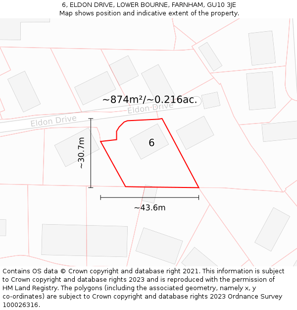 6, ELDON DRIVE, LOWER BOURNE, FARNHAM, GU10 3JE: Plot and title map