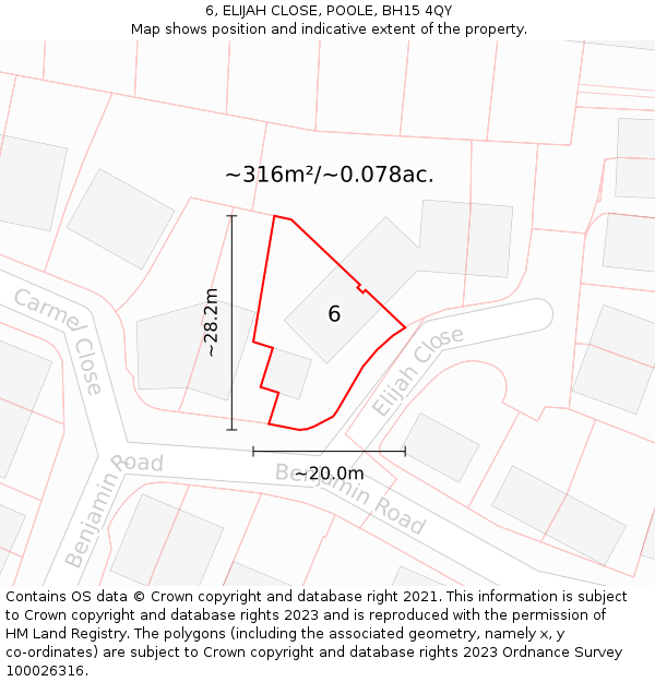 6, ELIJAH CLOSE, POOLE, BH15 4QY: Plot and title map