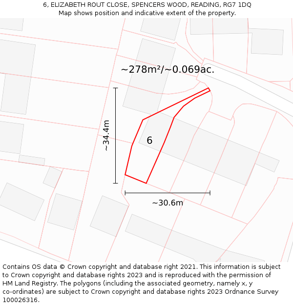6, ELIZABETH ROUT CLOSE, SPENCERS WOOD, READING, RG7 1DQ: Plot and title map