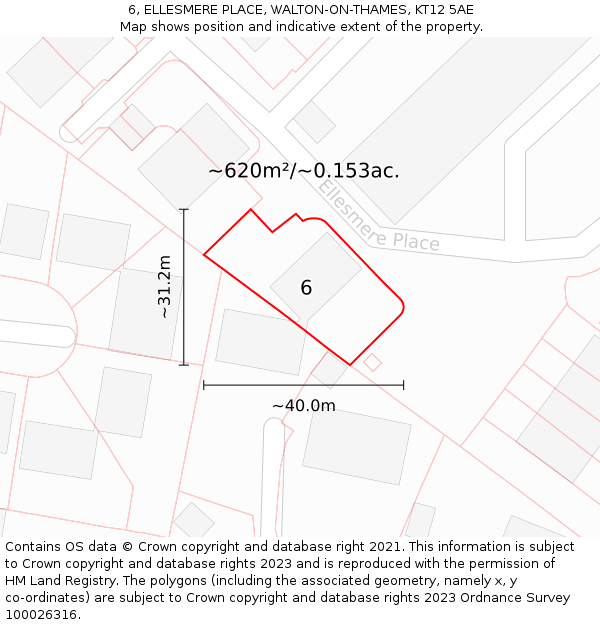 6, ELLESMERE PLACE, WALTON-ON-THAMES, KT12 5AE: Plot and title map