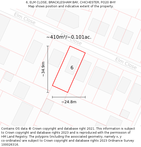 6, ELM CLOSE, BRACKLESHAM BAY, CHICHESTER, PO20 8HY: Plot and title map