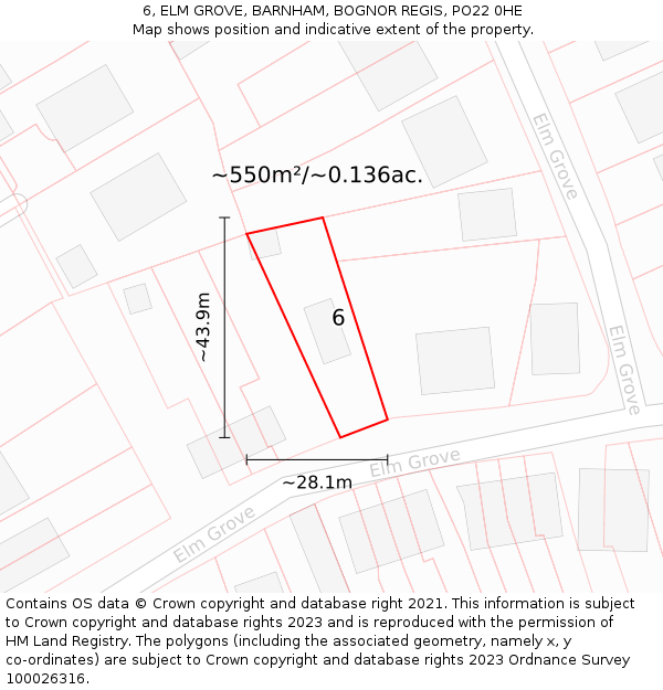 6, ELM GROVE, BARNHAM, BOGNOR REGIS, PO22 0HE: Plot and title map