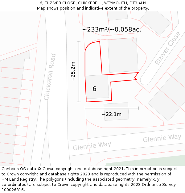 6, ELZIVER CLOSE, CHICKERELL, WEYMOUTH, DT3 4LN: Plot and title map