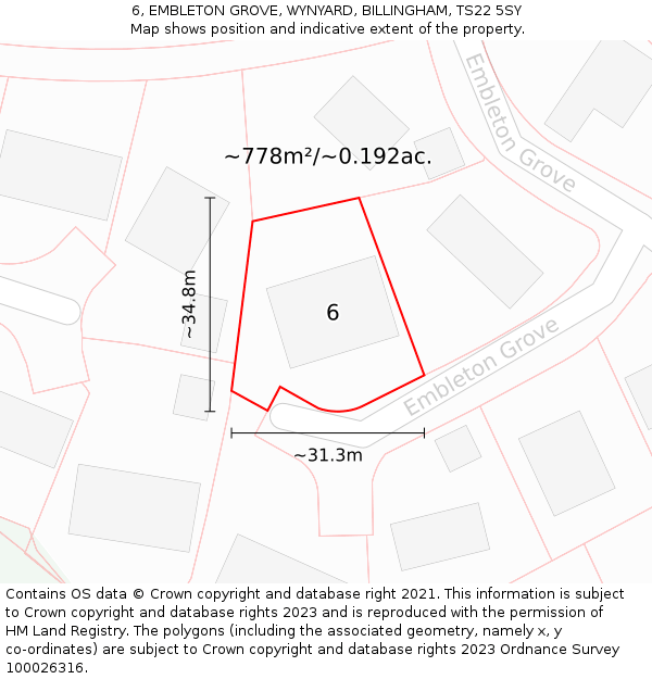 6, EMBLETON GROVE, WYNYARD, BILLINGHAM, TS22 5SY: Plot and title map