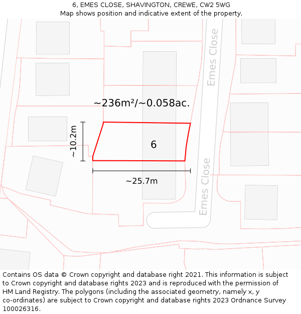 6, EMES CLOSE, SHAVINGTON, CREWE, CW2 5WG: Plot and title map