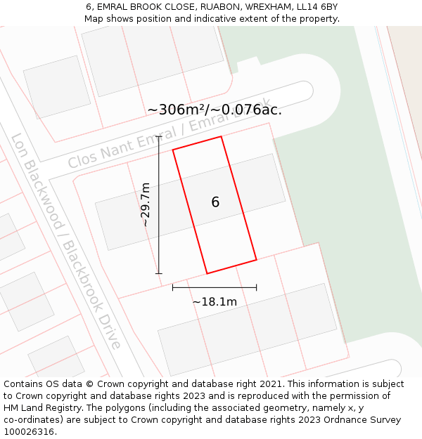 6, EMRAL BROOK CLOSE, RUABON, WREXHAM, LL14 6BY: Plot and title map