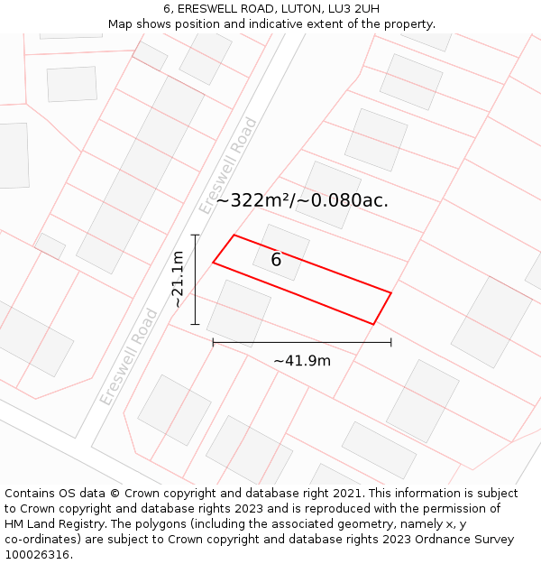 6, ERESWELL ROAD, LUTON, LU3 2UH: Plot and title map