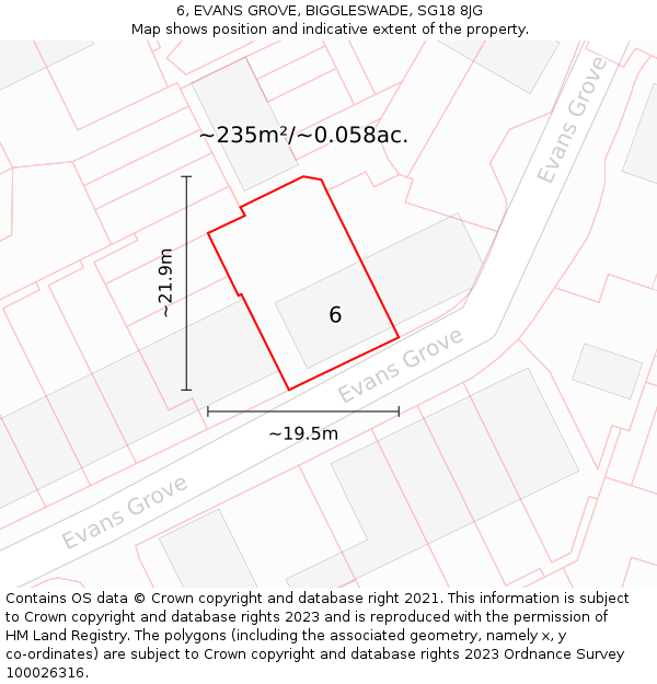 6, EVANS GROVE, BIGGLESWADE, SG18 8JG: Plot and title map