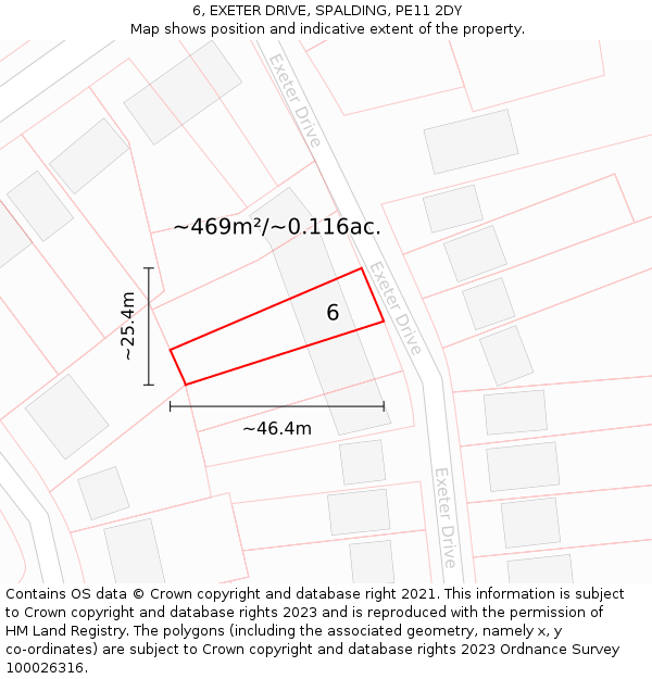6, EXETER DRIVE, SPALDING, PE11 2DY: Plot and title map
