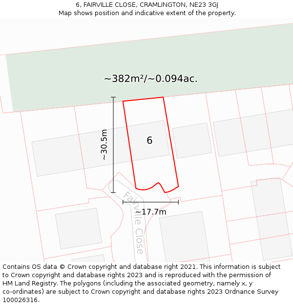 6, FAIRVILLE CLOSE, CRAMLINGTON, NE23 3GJ: Plot and title map