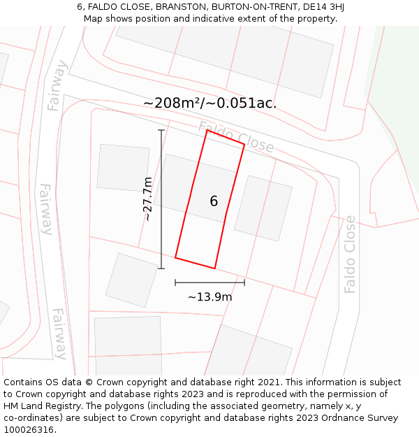 6, FALDO CLOSE, BRANSTON, BURTON-ON-TRENT, DE14 3HJ: Plot and title map