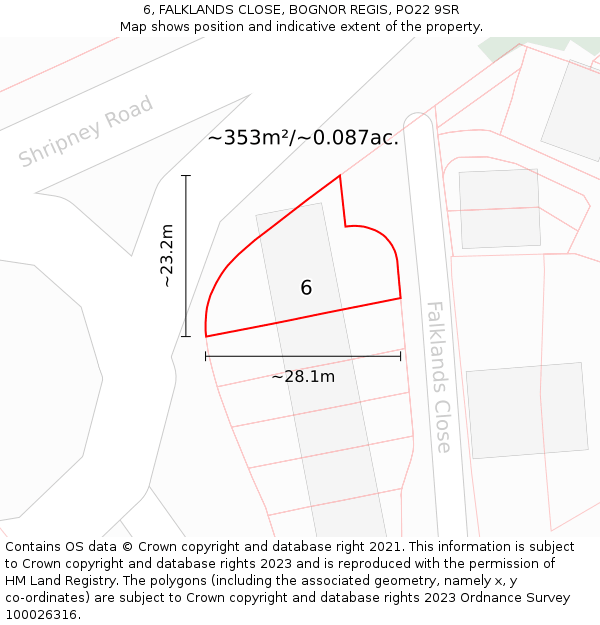 6, FALKLANDS CLOSE, BOGNOR REGIS, PO22 9SR: Plot and title map