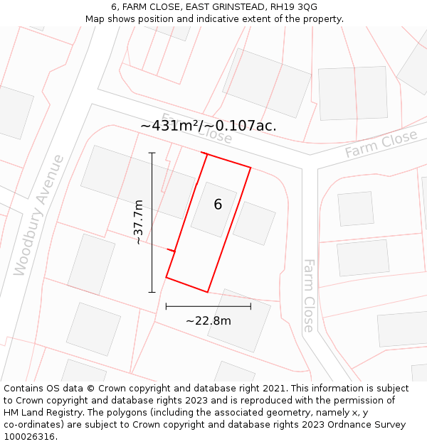 6, FARM CLOSE, EAST GRINSTEAD, RH19 3QG: Plot and title map