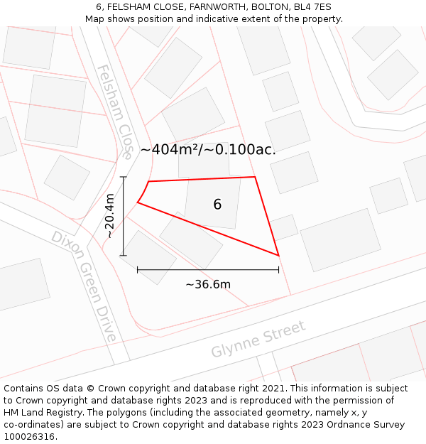 6, FELSHAM CLOSE, FARNWORTH, BOLTON, BL4 7ES: Plot and title map