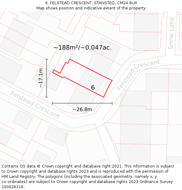 6, FELSTEAD CRESCENT, STANSTED, CM24 8UX: Plot and title map