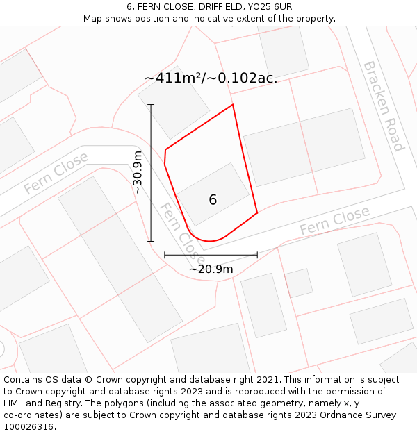 6, FERN CLOSE, DRIFFIELD, YO25 6UR: Plot and title map