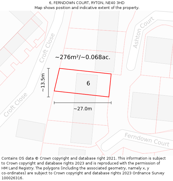 6, FERNDOWN COURT, RYTON, NE40 3HD: Plot and title map