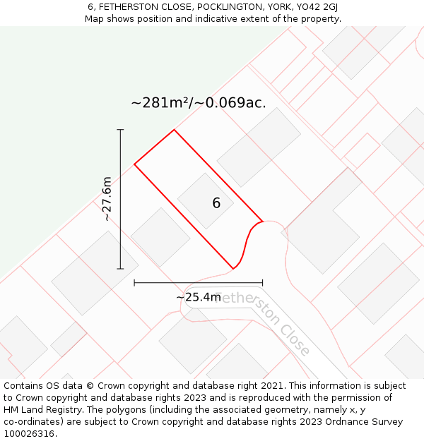 6, FETHERSTON CLOSE, POCKLINGTON, YORK, YO42 2GJ: Plot and title map