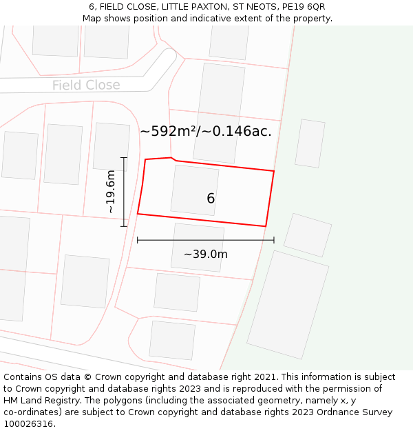 6, FIELD CLOSE, LITTLE PAXTON, ST NEOTS, PE19 6QR: Plot and title map