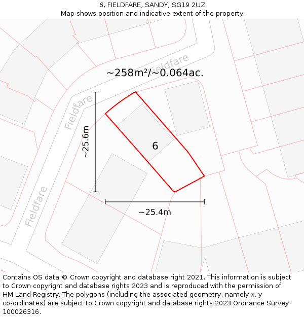 6, FIELDFARE, SANDY, SG19 2UZ: Plot and title map