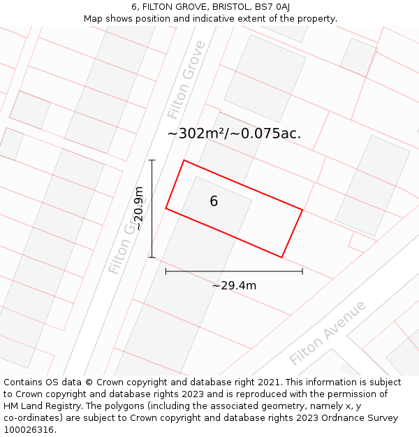 6, FILTON GROVE, BRISTOL, BS7 0AJ: Plot and title map