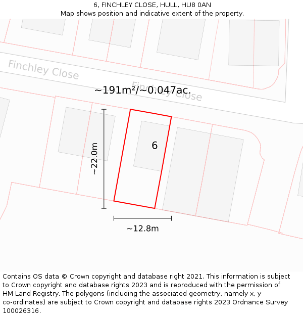 6, FINCHLEY CLOSE, HULL, HU8 0AN: Plot and title map