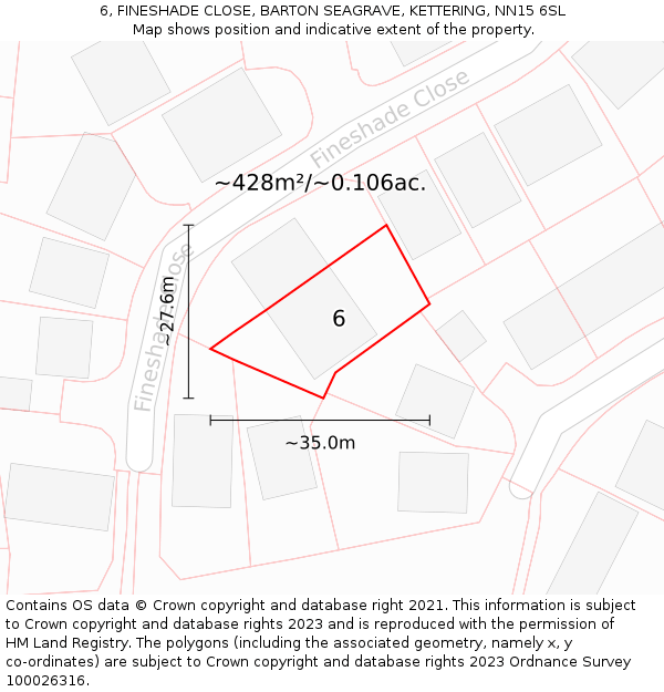 6, FINESHADE CLOSE, BARTON SEAGRAVE, KETTERING, NN15 6SL: Plot and title map