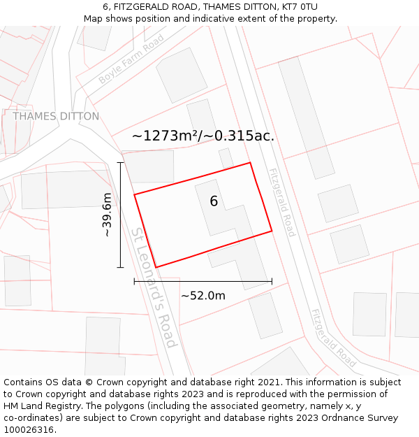 6, FITZGERALD ROAD, THAMES DITTON, KT7 0TU: Plot and title map