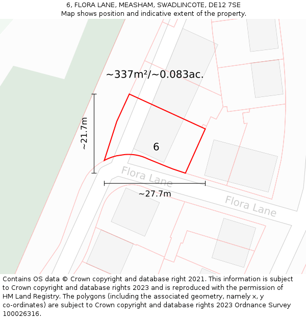 6, FLORA LANE, MEASHAM, SWADLINCOTE, DE12 7SE: Plot and title map