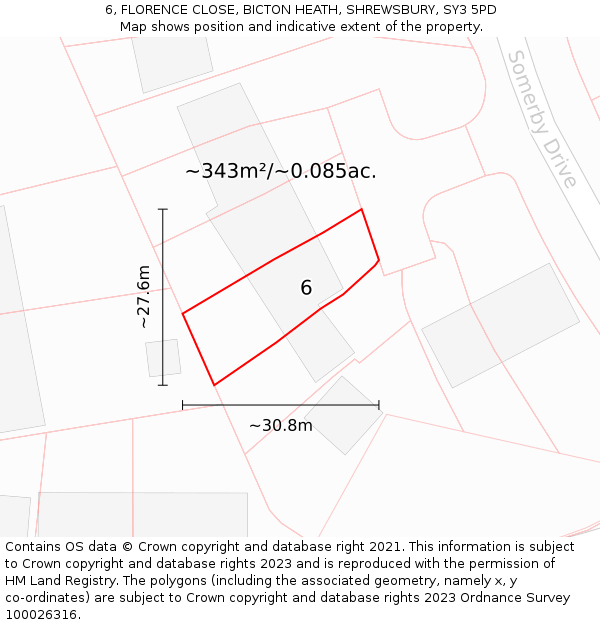 6, FLORENCE CLOSE, BICTON HEATH, SHREWSBURY, SY3 5PD: Plot and title map