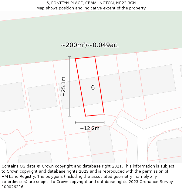 6, FONTEYN PLACE, CRAMLINGTON, NE23 3GN: Plot and title map