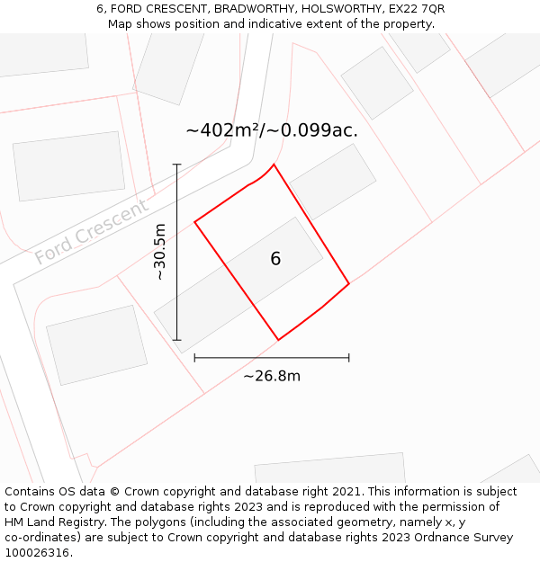 6, FORD CRESCENT, BRADWORTHY, HOLSWORTHY, EX22 7QR: Plot and title map