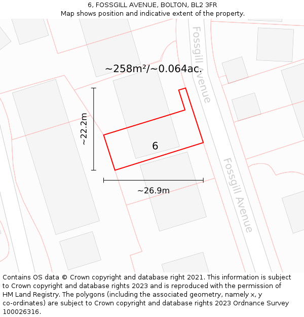 6, FOSSGILL AVENUE, BOLTON, BL2 3FR: Plot and title map