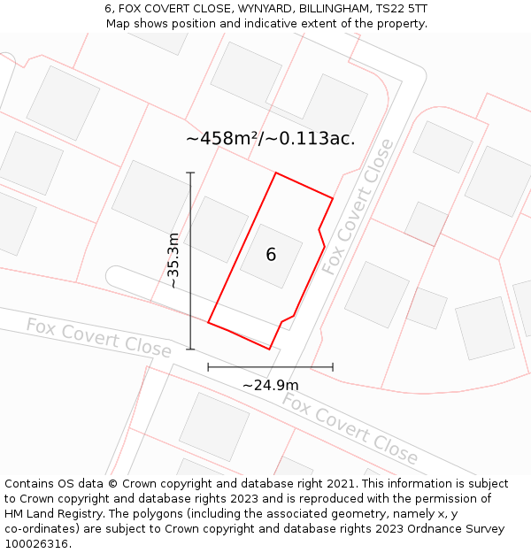 6, FOX COVERT CLOSE, WYNYARD, BILLINGHAM, TS22 5TT: Plot and title map