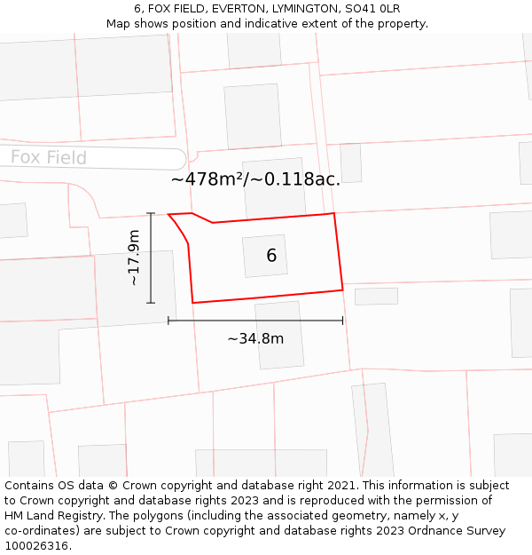 6, FOX FIELD, EVERTON, LYMINGTON, SO41 0LR: Plot and title map