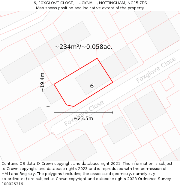 6, FOXGLOVE CLOSE, HUCKNALL, NOTTINGHAM, NG15 7ES: Plot and title map