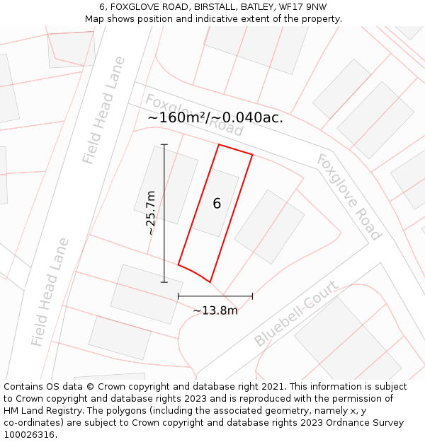 6, FOXGLOVE ROAD, BIRSTALL, BATLEY, WF17 9NW: Plot and title map