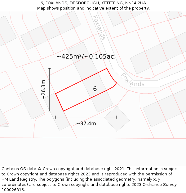 6, FOXLANDS, DESBOROUGH, KETTERING, NN14 2UA: Plot and title map