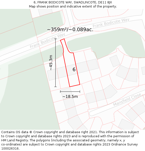 6, FRANK BODICOTE WAY, SWADLINCOTE, DE11 8JX: Plot and title map