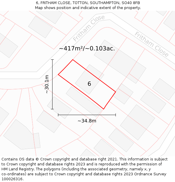 6, FRITHAM CLOSE, TOTTON, SOUTHAMPTON, SO40 8FB: Plot and title map